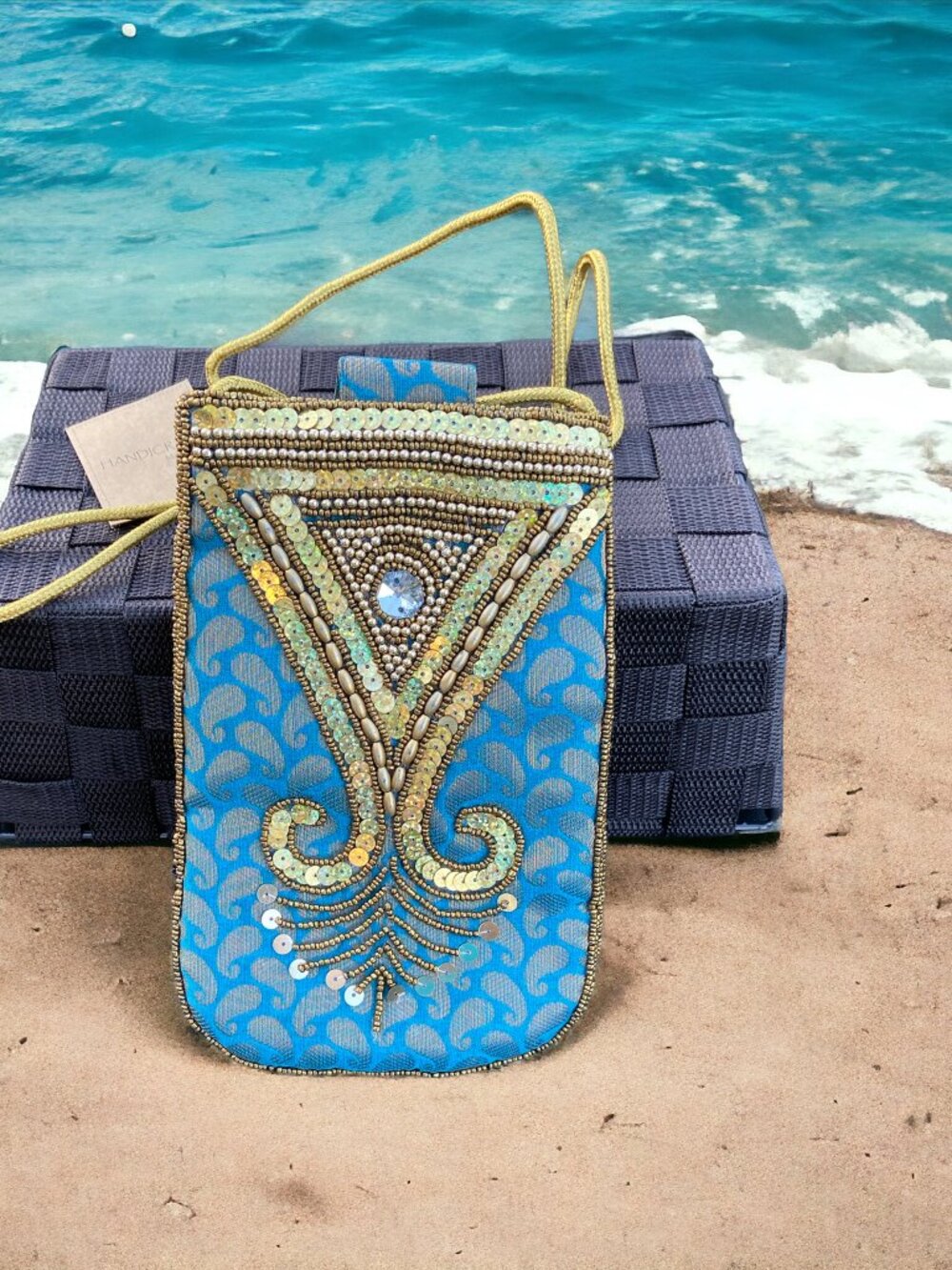 Handcrafted Light Blue Brocade Beaded Purse With Gold Accents & Sequins – 8" x 5